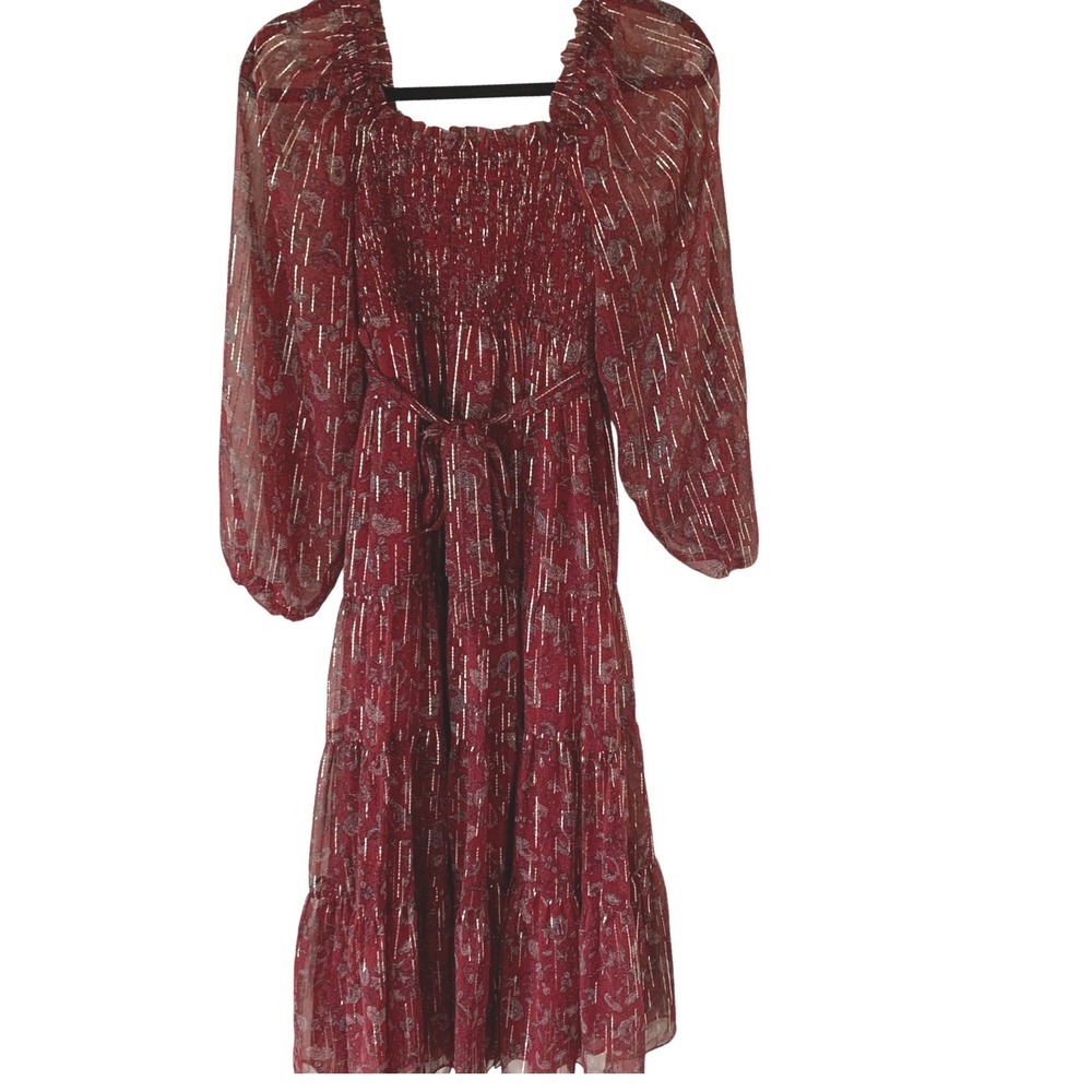 A Loves A Medium Midi Dress Burgundy Red Gold Metallic Stripe Floral Smocked
